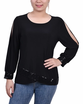 Petite Long Sleeve Knit Top With Sequin Hem Quiet Tone Flatlock Seam Construction