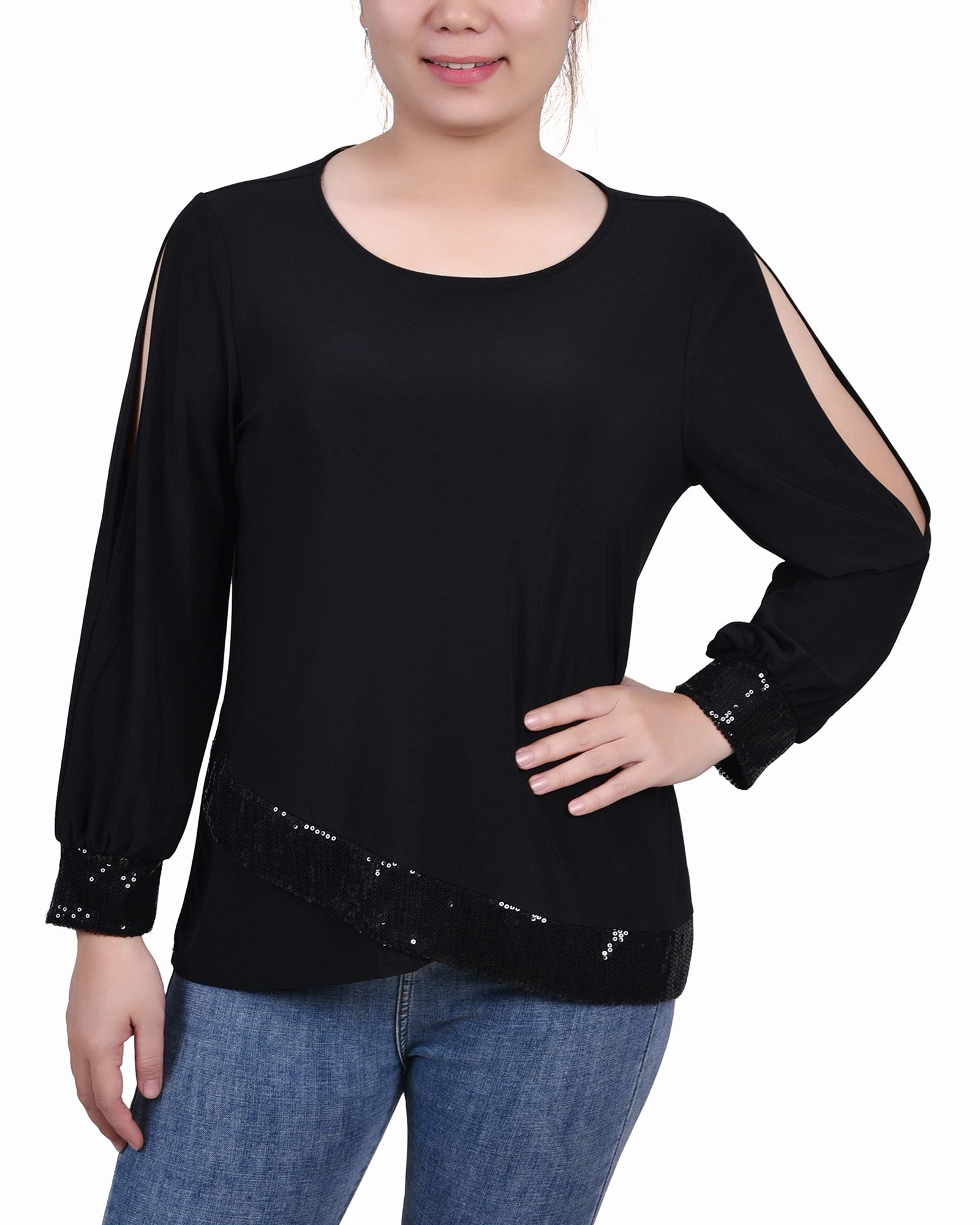 Zero Waste Production Shrink Resistant Treatment Petite Long Sleeve Knit Top With Sequin Hem