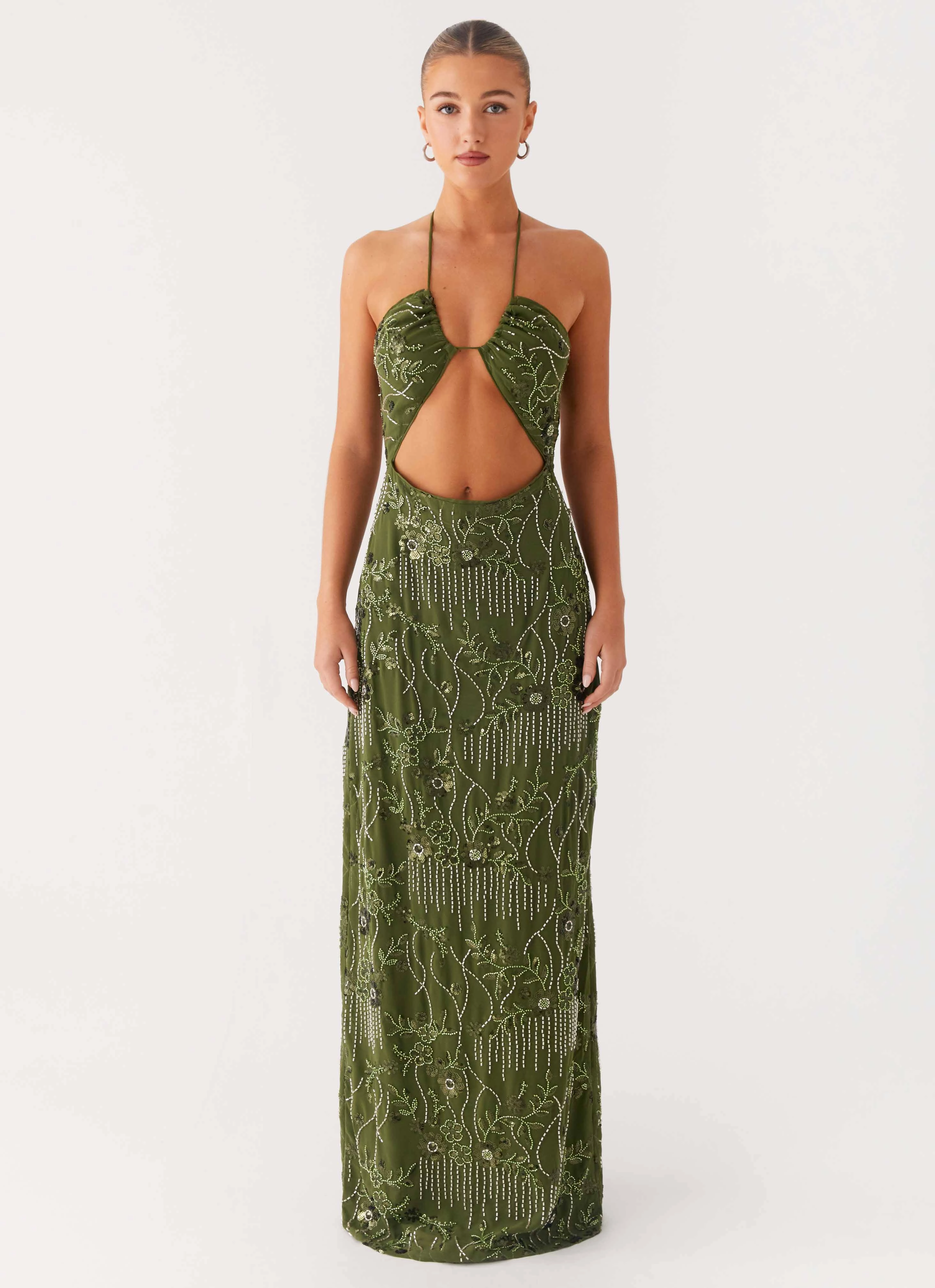 Fine Details Delicate Finish Phoenicia Beaded Maxi Dress - Khaki