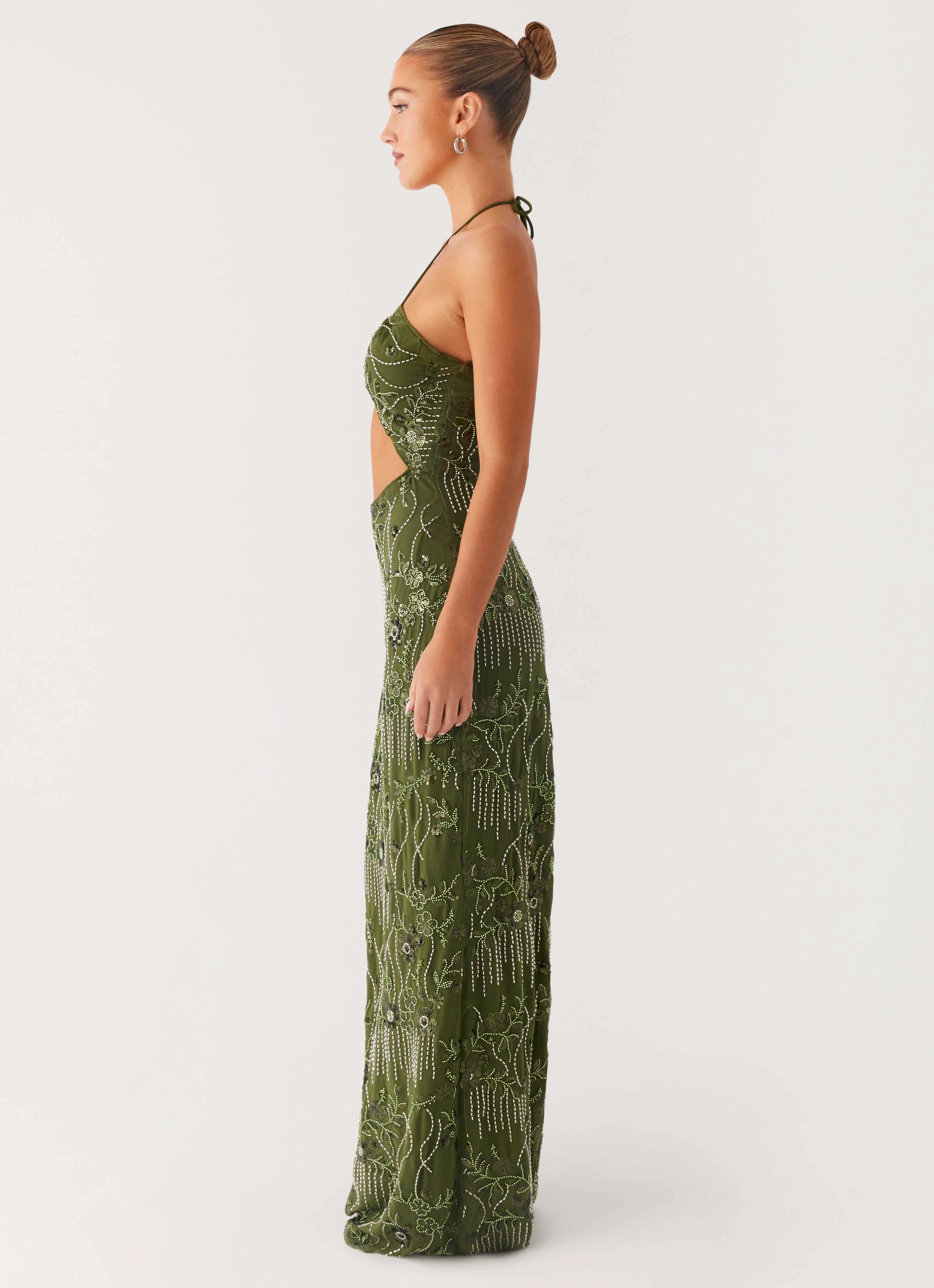 Phoenicia Beaded Maxi Dress - Khaki Feminine Details elegant design