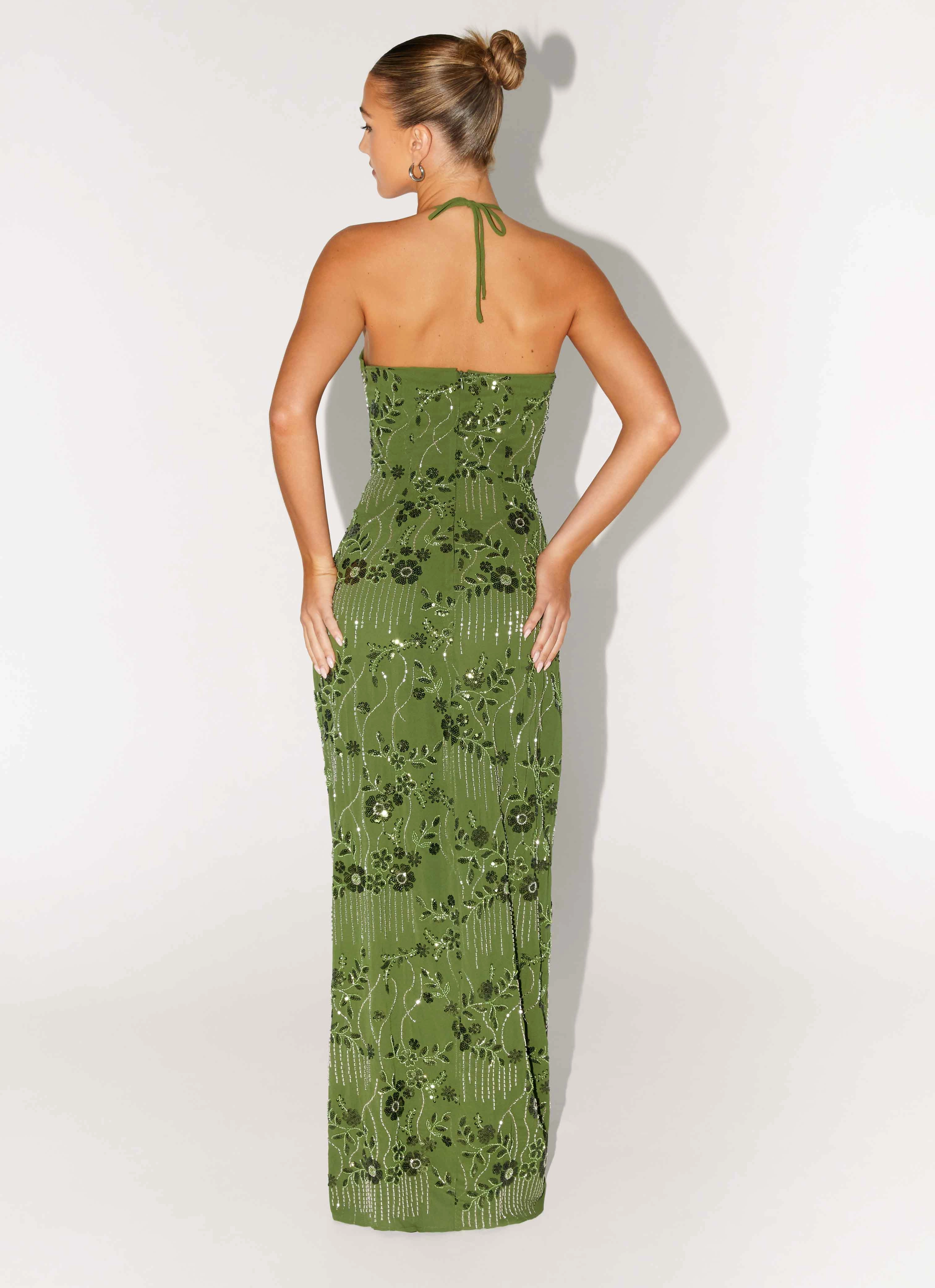 Skin Hug Travel-Style Phoenicia Beaded Maxi Dress - Khaki