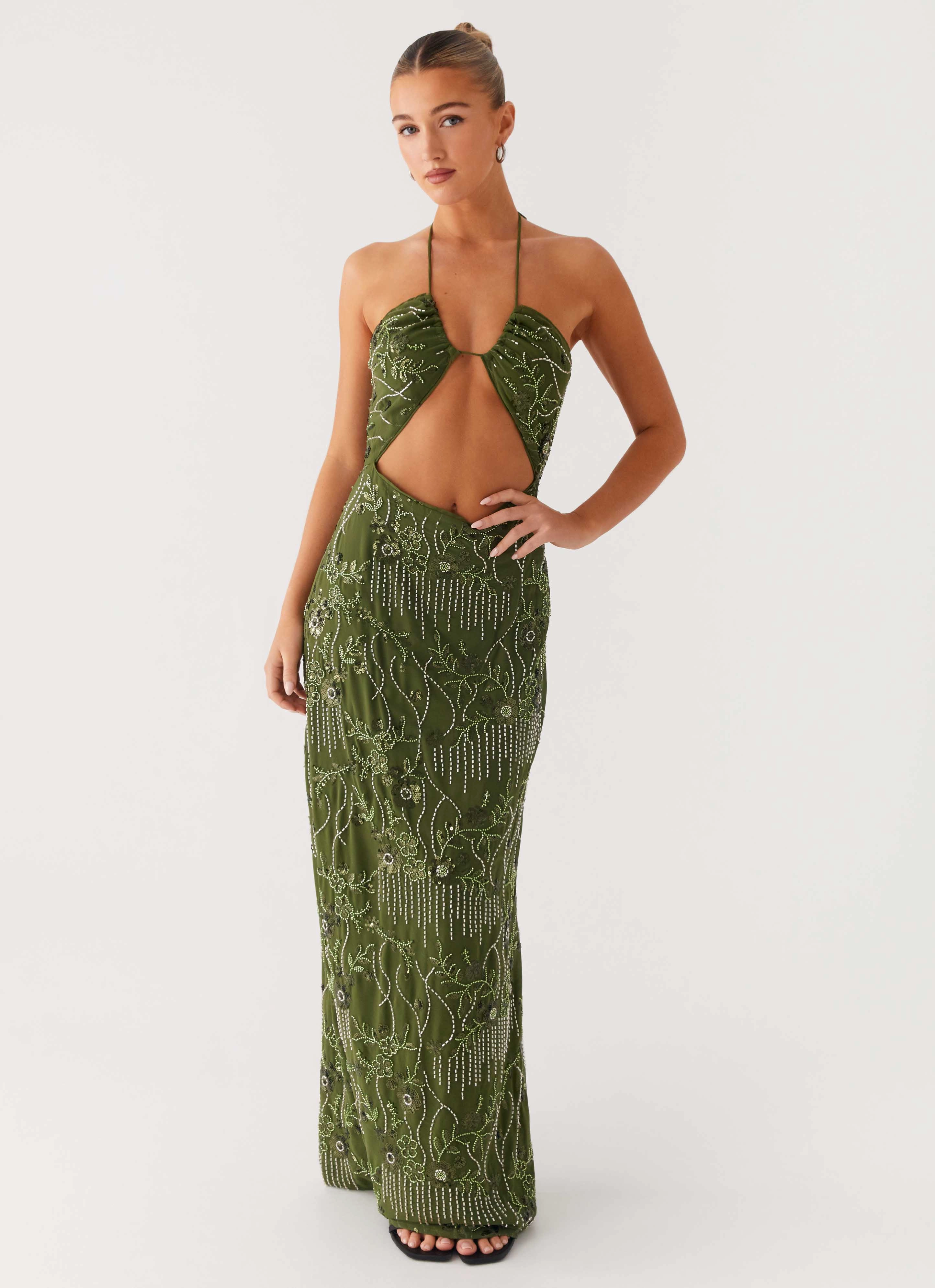Romantic date dress Refined Style Phoenicia Beaded Maxi Dress - Khaki