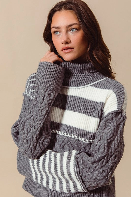 Amanda Multi Stripe Cable Knit Turtle Neck Sweater Top S-XL Cozy Knit Style