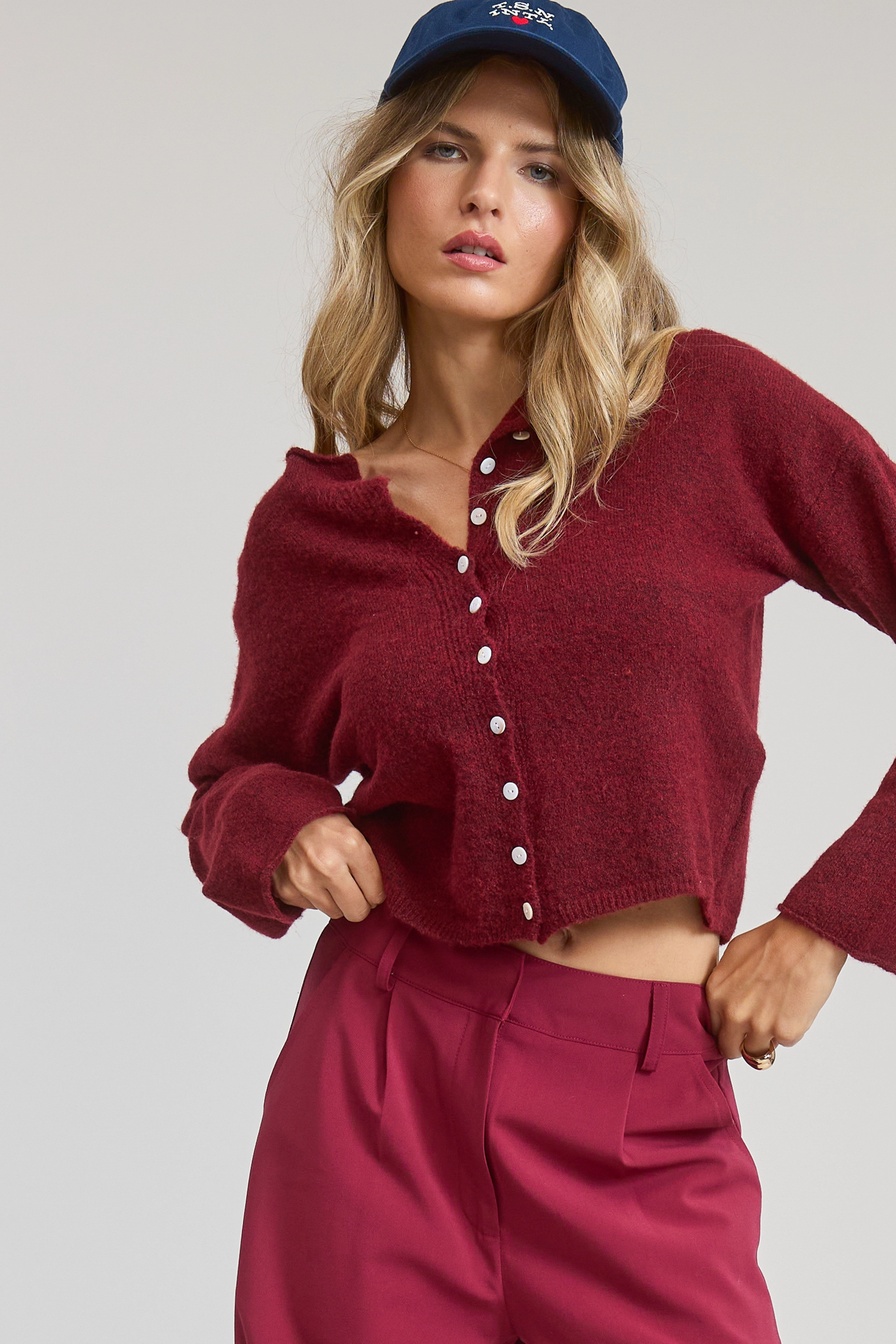 Elise Button Down Cardigan - Burgundy Minimal Style