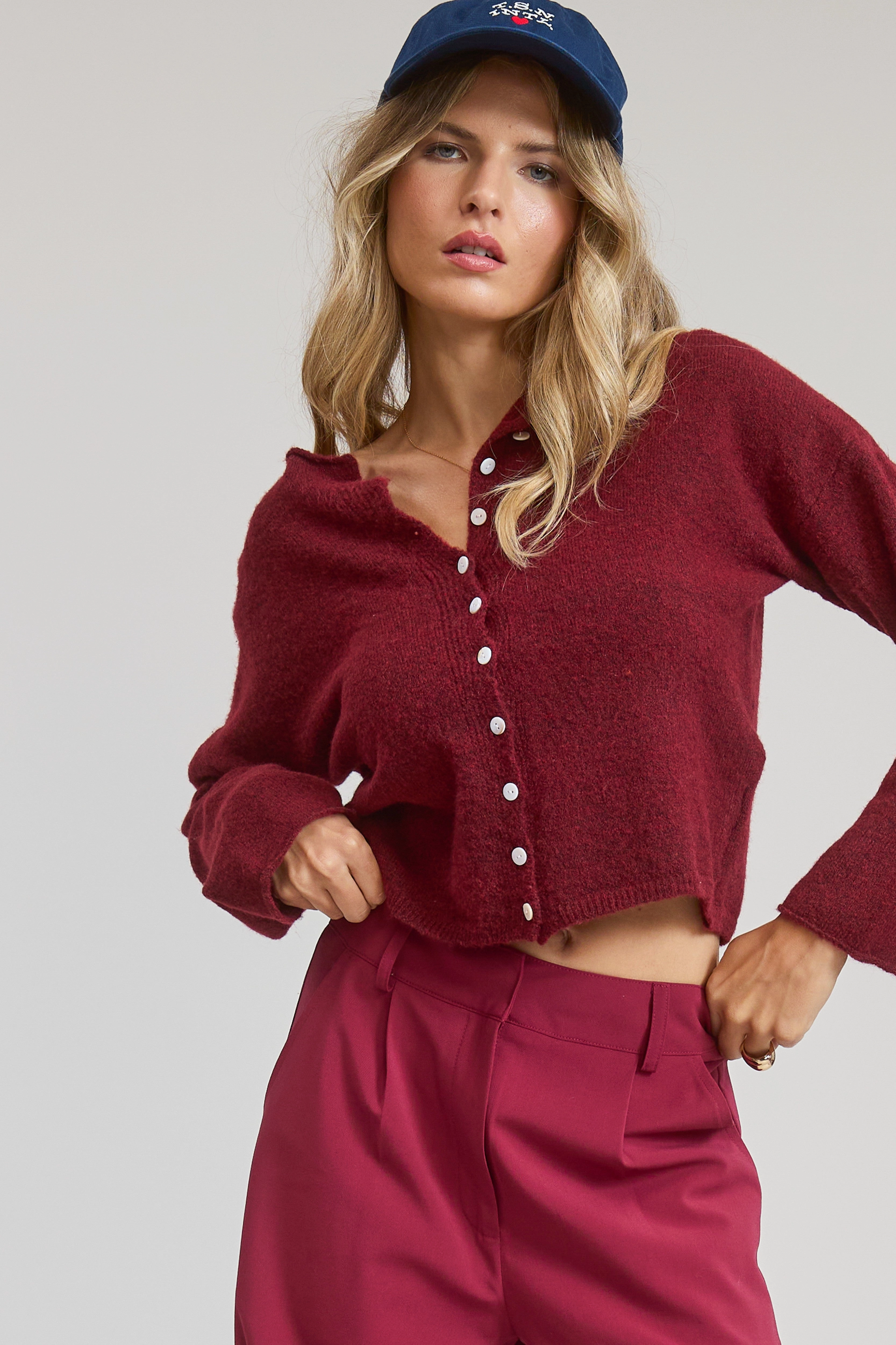 Winter Wear Essentials Seamless Construction Design Elise Button Down Cardigan - Burgundy