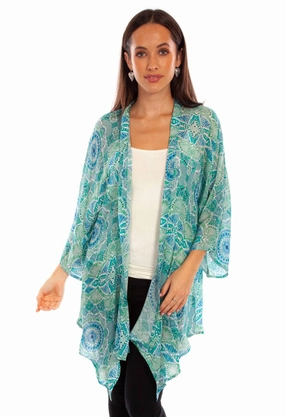 Layering pieces Durable Reinforced Elbows Scully Womens Beautiful Print Aqua Viscose Kimono