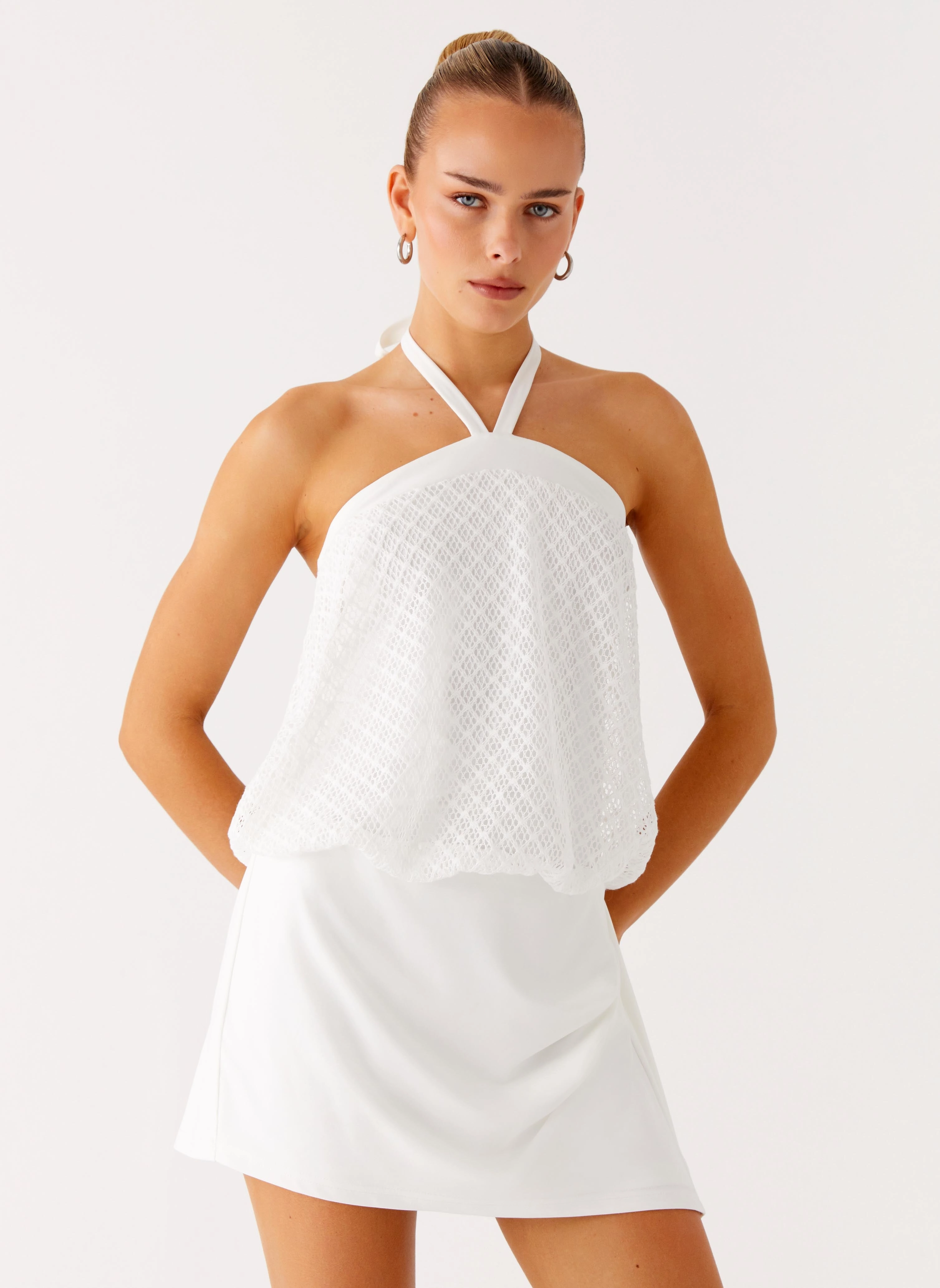 Modest Cut Switch Up Halter Mini Dress - Ivory