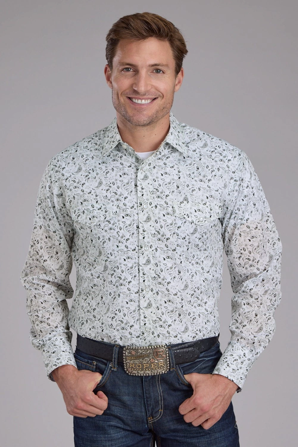 Soft Texture Roper Mens 2428 Paisley Black/White Cotton Blend L/S Shirt