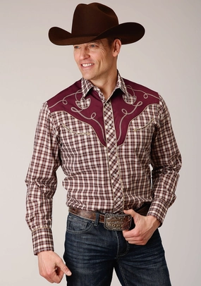 adult clothing No Bulk Layering System Roper Mens Small Scale Plaid Wine Cotton Blend L/S Shirt