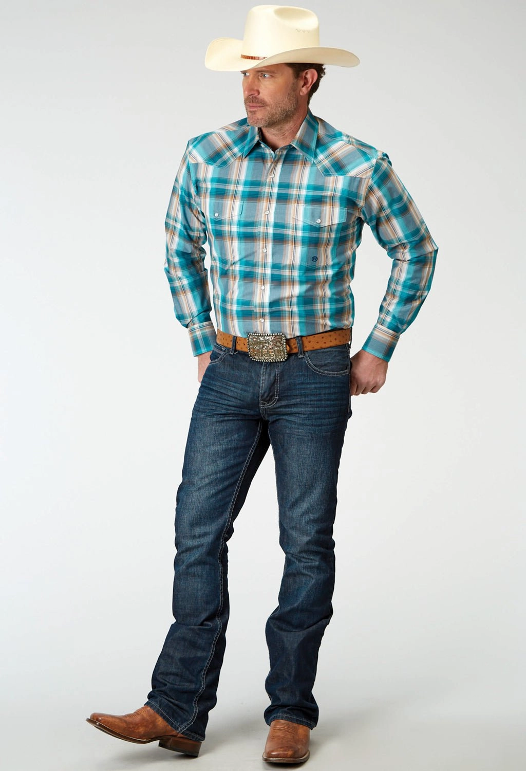 Roper Mens Tall Waters Edge Plaid Multi-Color 100% Cotton L/S Shirt Multi Pocket Utility Mature Elegance