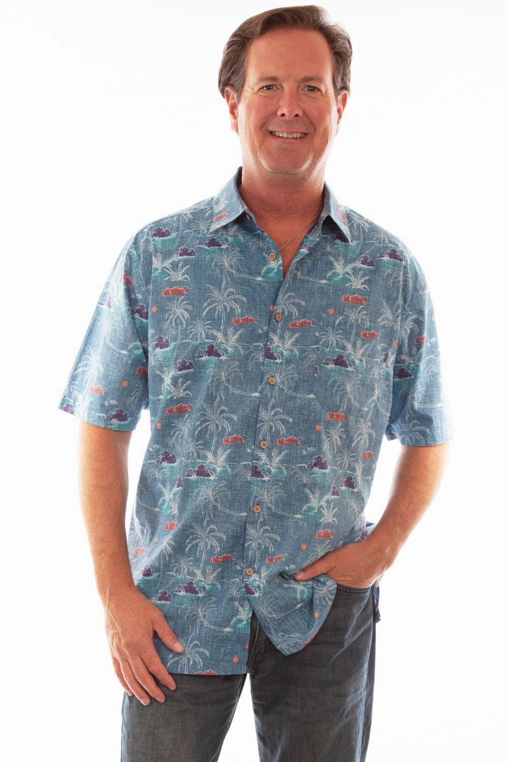 Bold Hue Scully Mens Hawaiian Palm Tree Blue 100% Cotton S/S Shirt