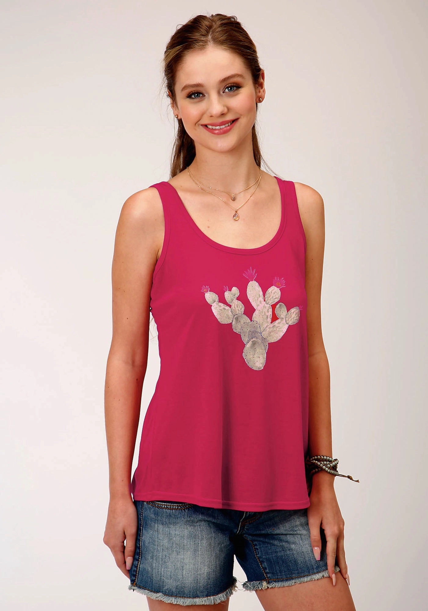 Roper Womens Pink Poly/Rayon Cactus Swing S/L Tank Top Designer Look Breathable Underarm Vents