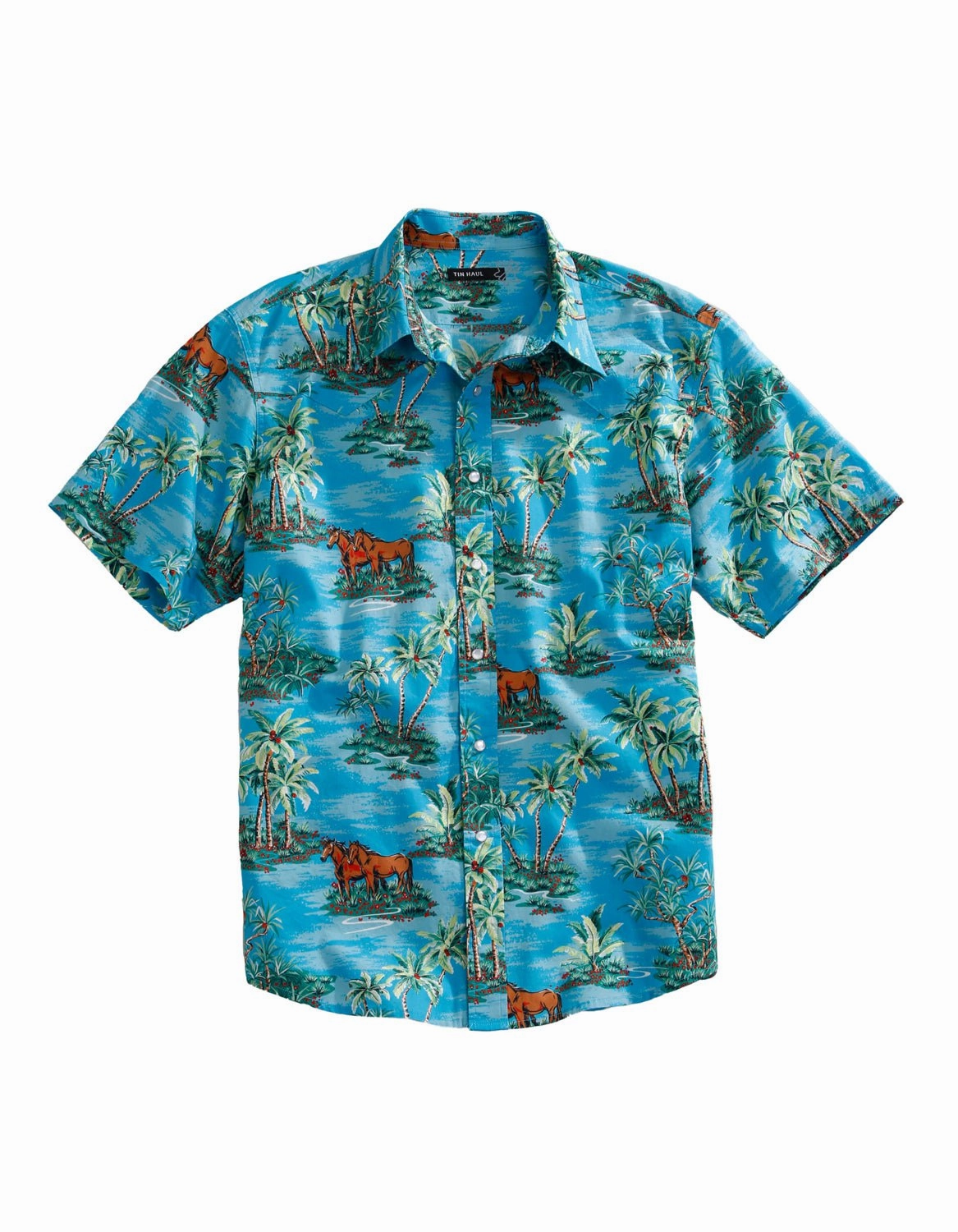 Tin Haul Mens Vintage Hawaiian Blue 100% Cotton S/S Shirt Anti Pilling Treatment Embroidered Logo