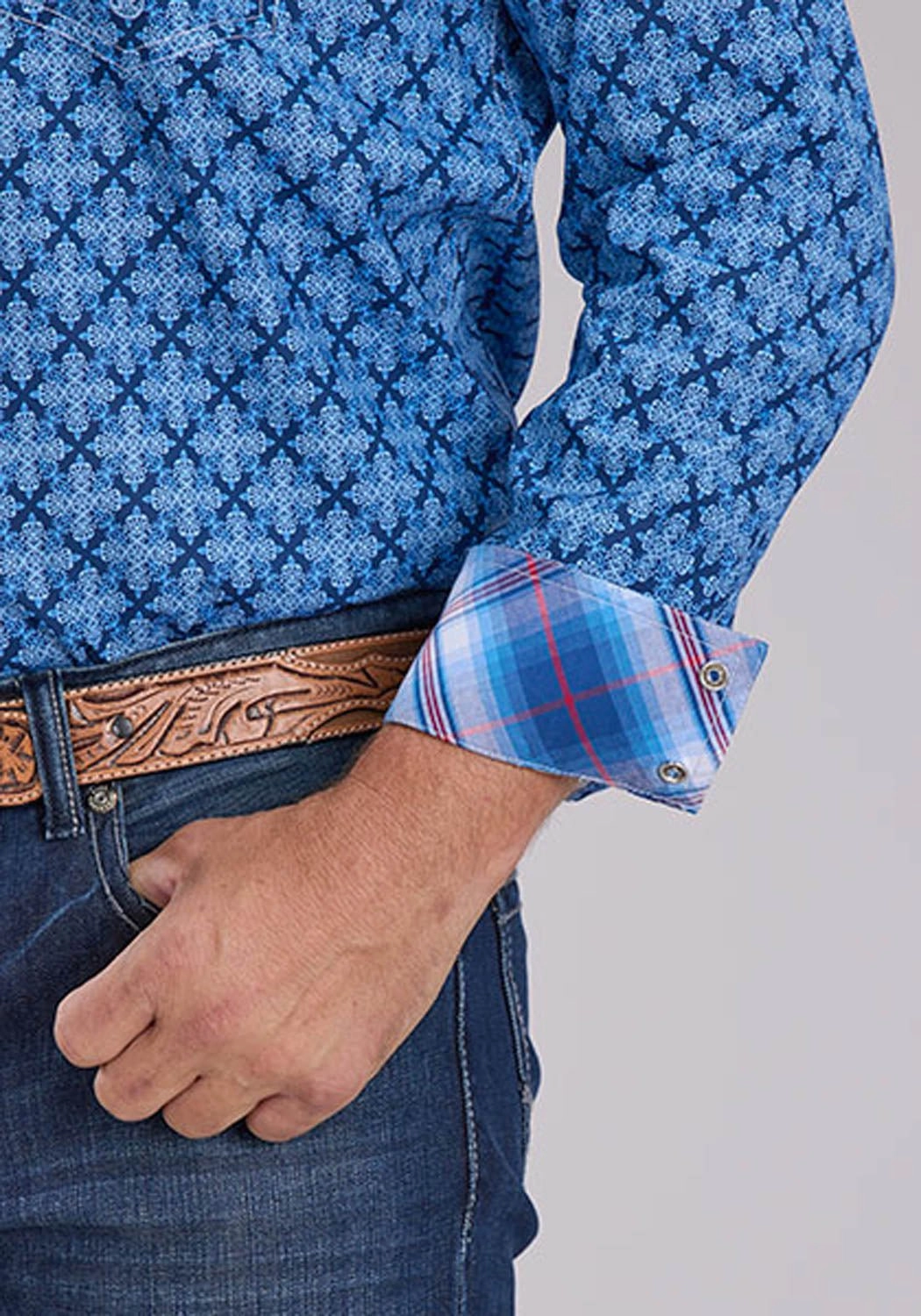 Roper Mens Ribbon Medallion Blue 100% Cotton L/S Shirt Soft touch finish birthday party