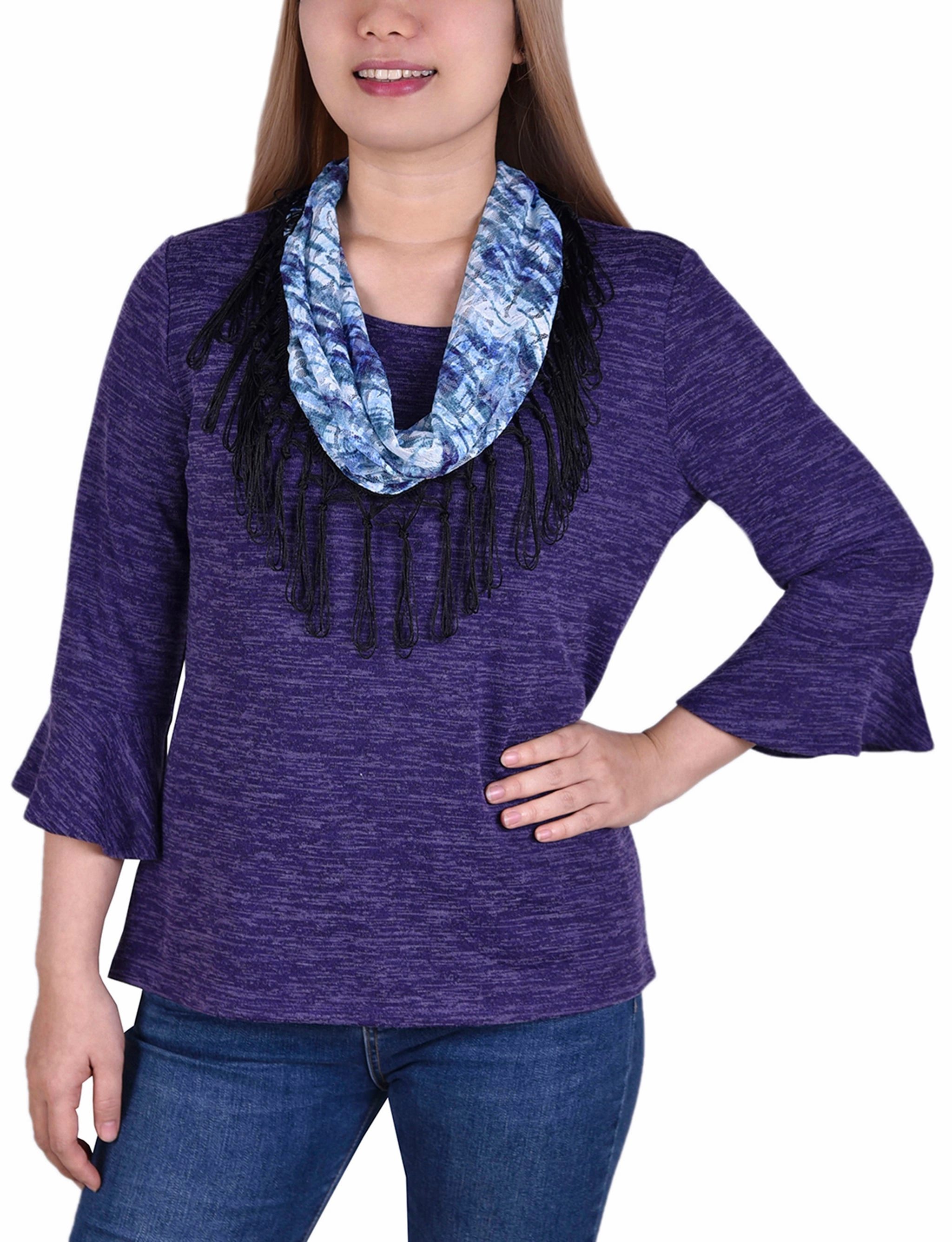 3/4 Sleeve Top With Detachable Fringed Scarf DoubleLayered Collar
