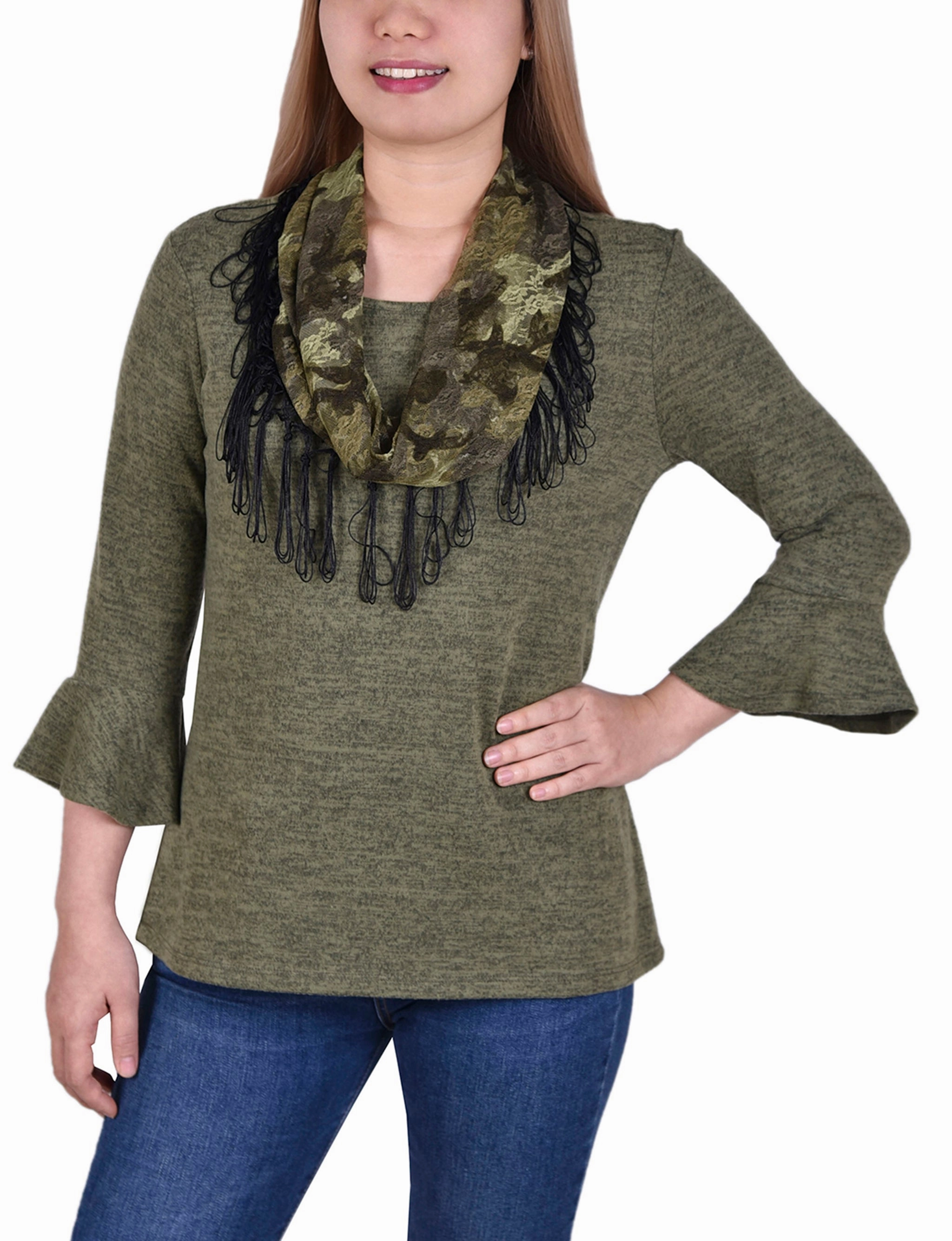 3/4 Sleeve Top With Detachable Fringed Scarf AntiSnag Surface Chic Outfit