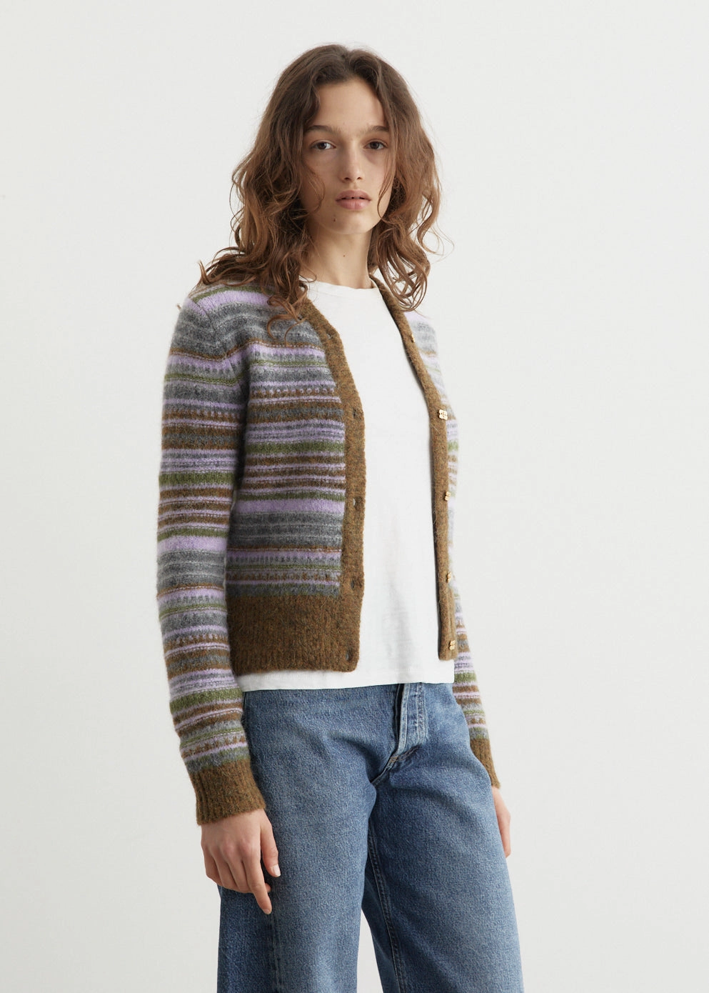 Soft Wool Stripe Cardigan Double Layered Collar Modern Trend