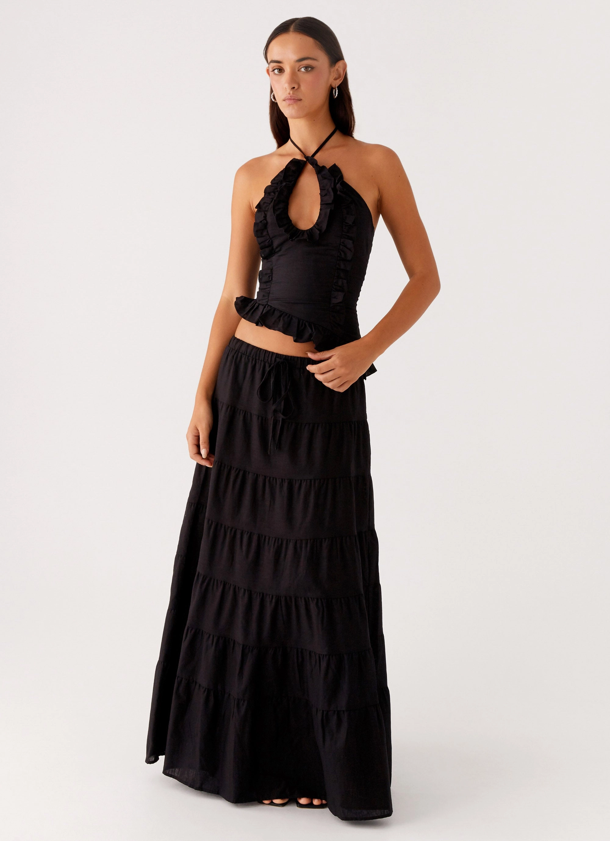 Tapered Side Panels Mariella Linen Maxi Skirt - Black