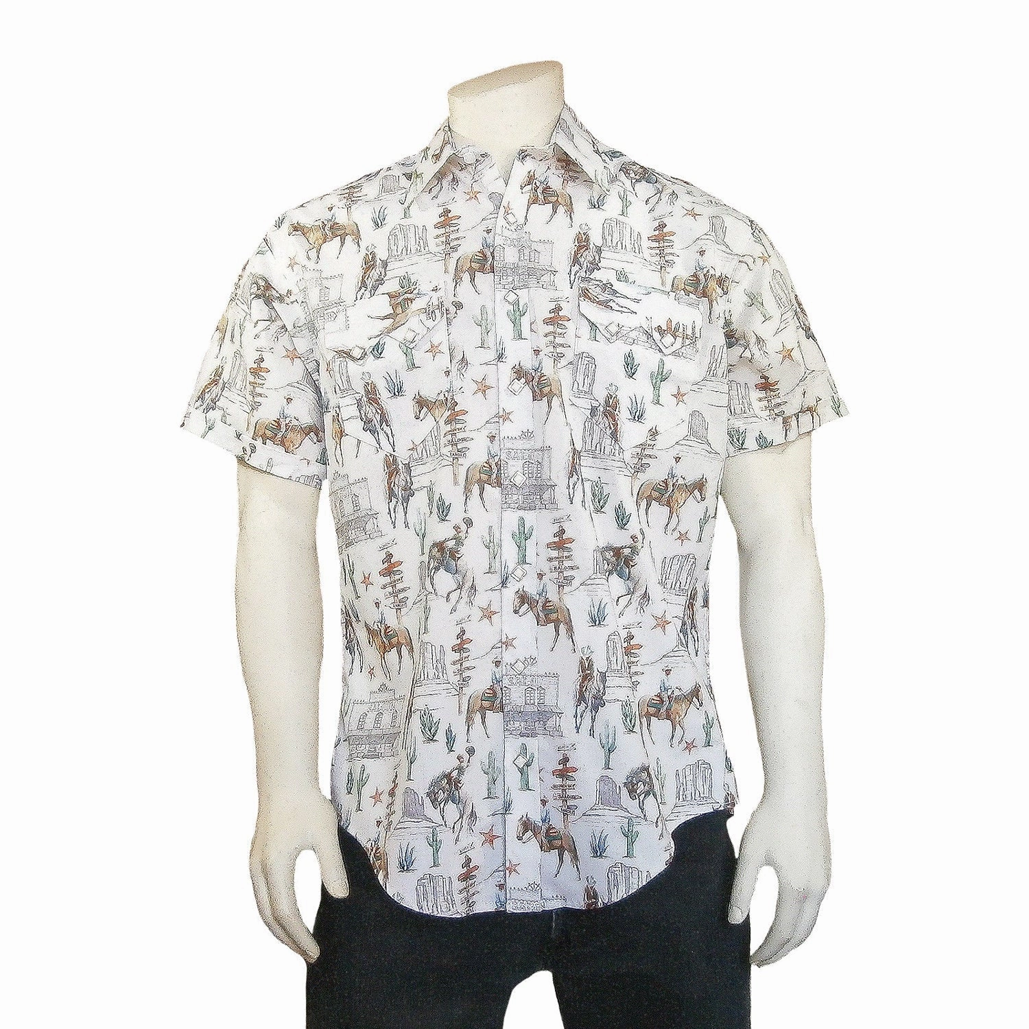 Urban Trend Anti-static Rockmount Mens White 100% Cotton Cactus and Cowboys S/S Shirt