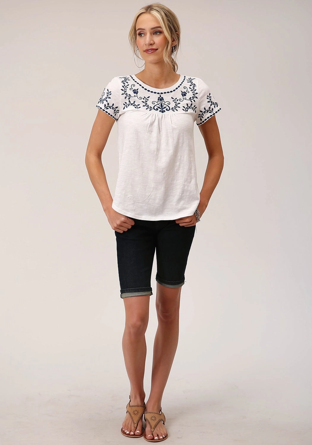 Roper Womens Cute Embroidery White 100% Cotton S/S Blouse Smooth Seam Finish Retro Vibe