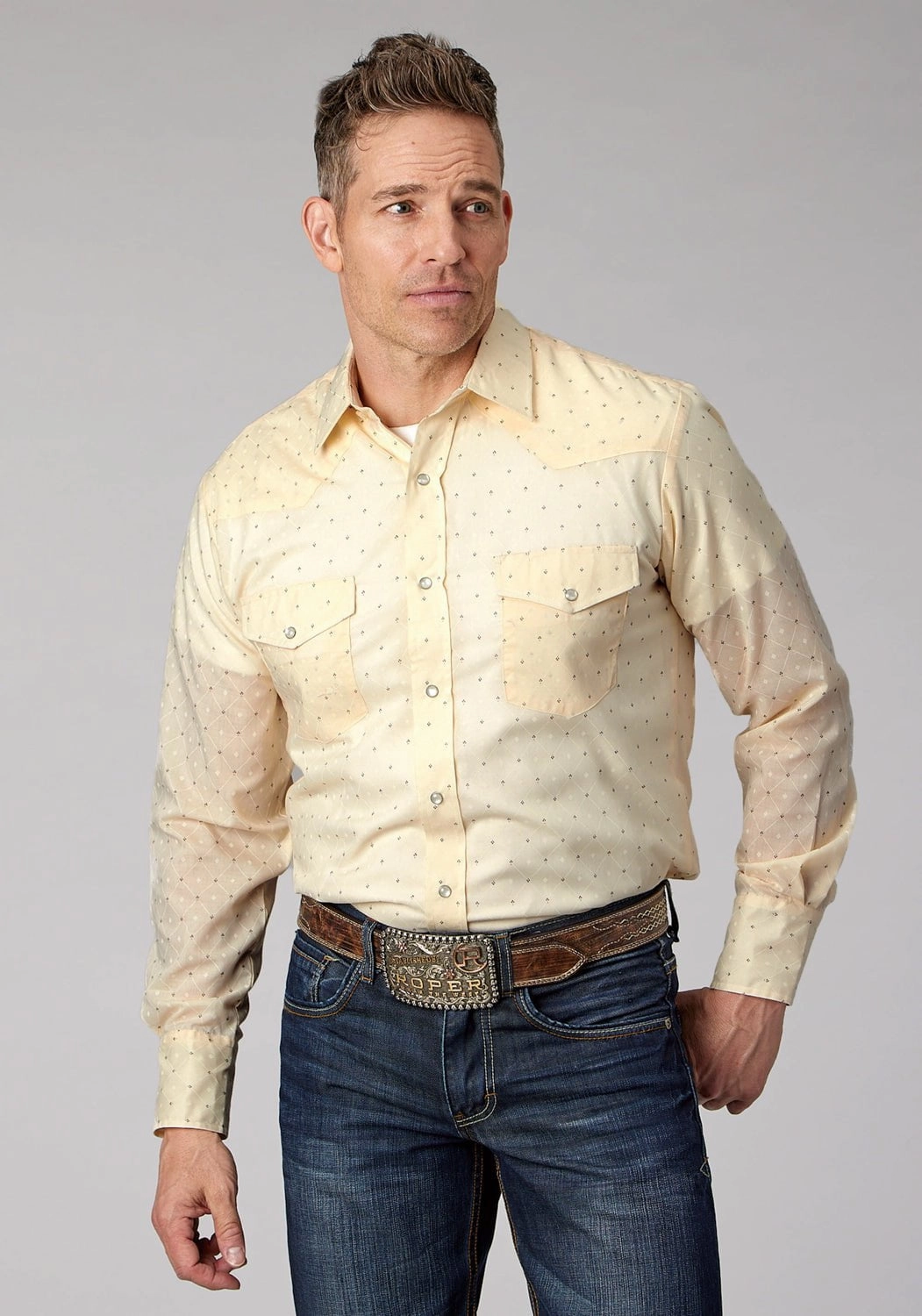 Errand Ready Roper Mens 2067 Diamond Wallpaper White Cotton Blend L/S Shirt