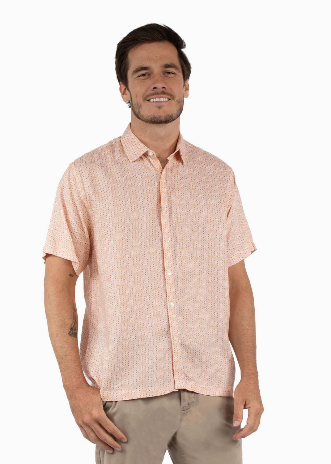Scully Mens Scalloped Button Front Peach 100% Viscose S/S Shirt Lounge Comfort Youthful Style