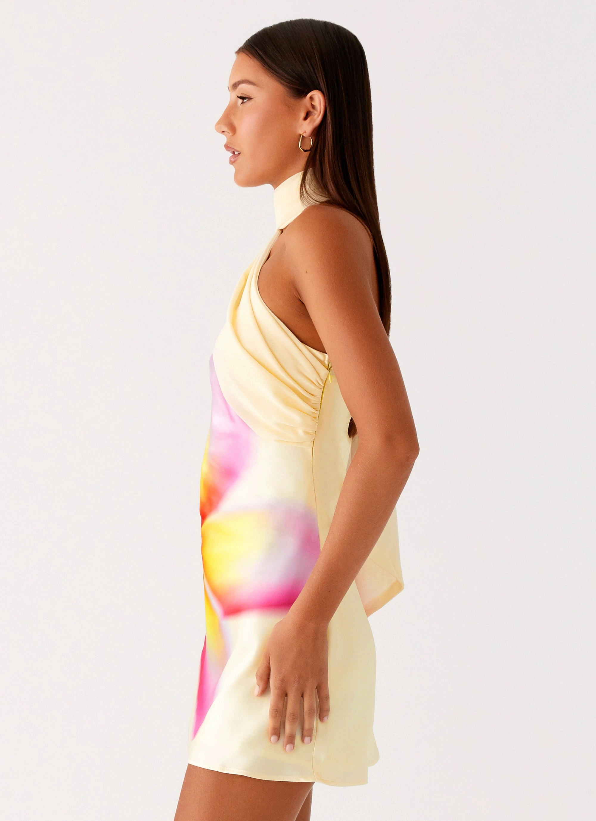 Isa Scarf Satin Mini Dress - Frangipani Yellow Vibrant Aesthetic Soft Curve
