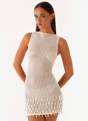 Miracle Beaded Crochet Mini Dress - Ivory Brunch Glow