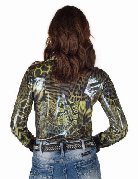 Holiday Outfit Structured Collar Cowgirl Tuff Womens Shiny Animal Green Polyester L/S Shirt