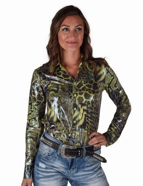 Cowgirl Tuff Womens Shiny Animal Green Polyester L/S Shirt Geometric Shape Trendy Vibes