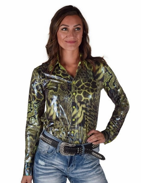 Cowgirl Tuff Womens Shiny Animal Green Polyester L/S Shirt Multipurpose Layering Fabric