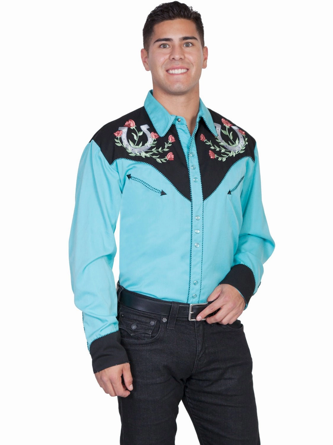 Scully Mens Shirt Western Turquoise Poly Blend Horseshoe Rose Stitch L/S Rugged Style