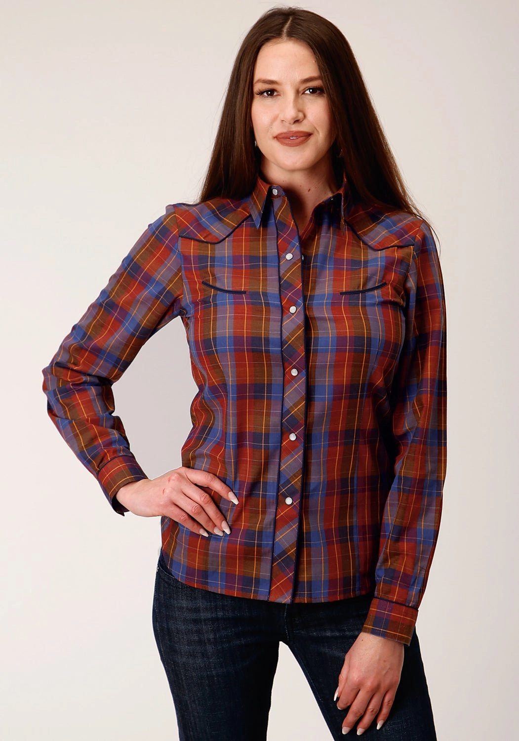 Roper Womens 825 Windowpane Wine/Peri Cotton Blend Retro L/S Shirt Ethical production