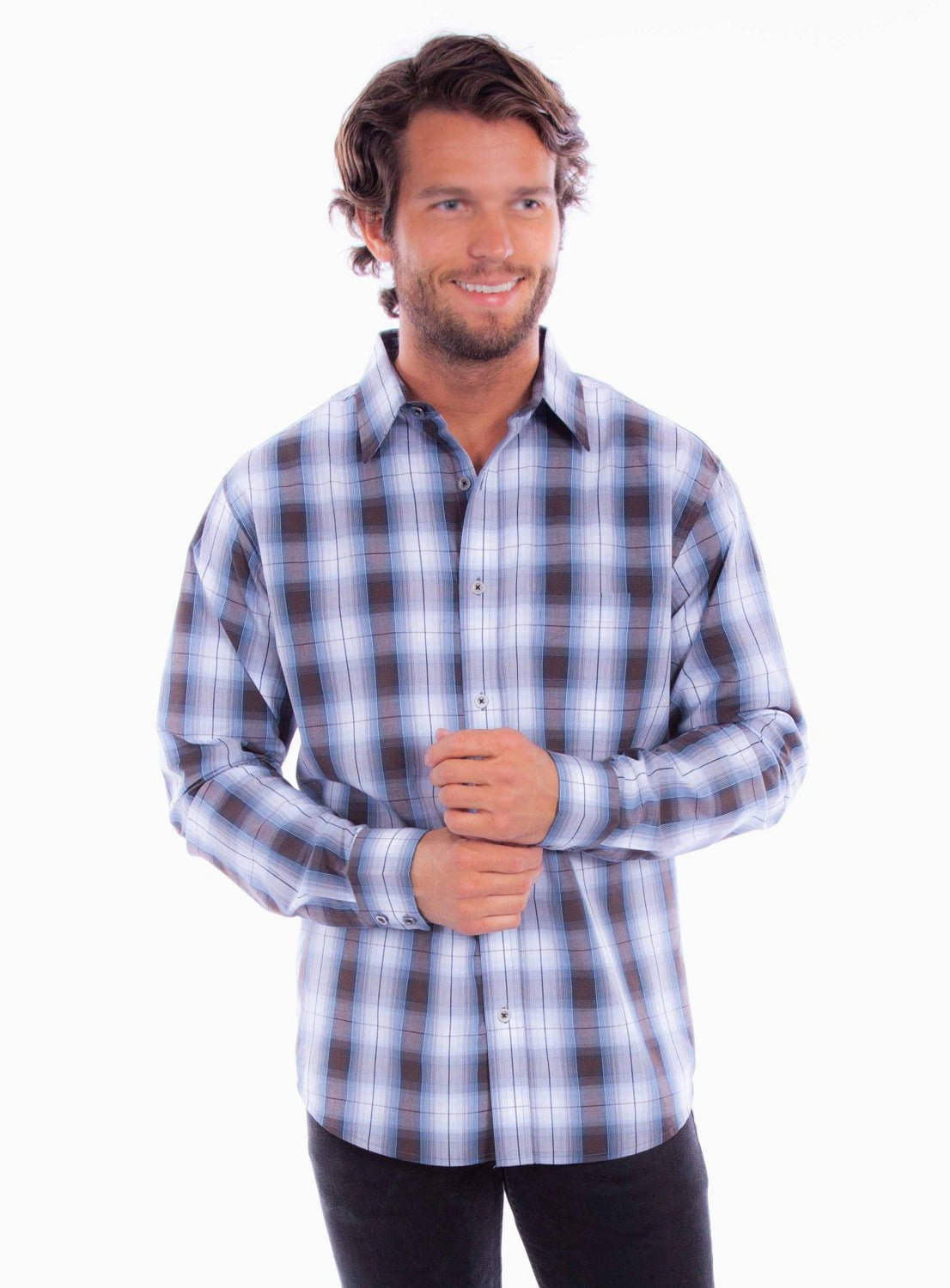 Adjustable Cuff Closure Summer Vibes Scully Mens Worn Outs Plaid Blue/Brown 100% Cotton L/S Shirt