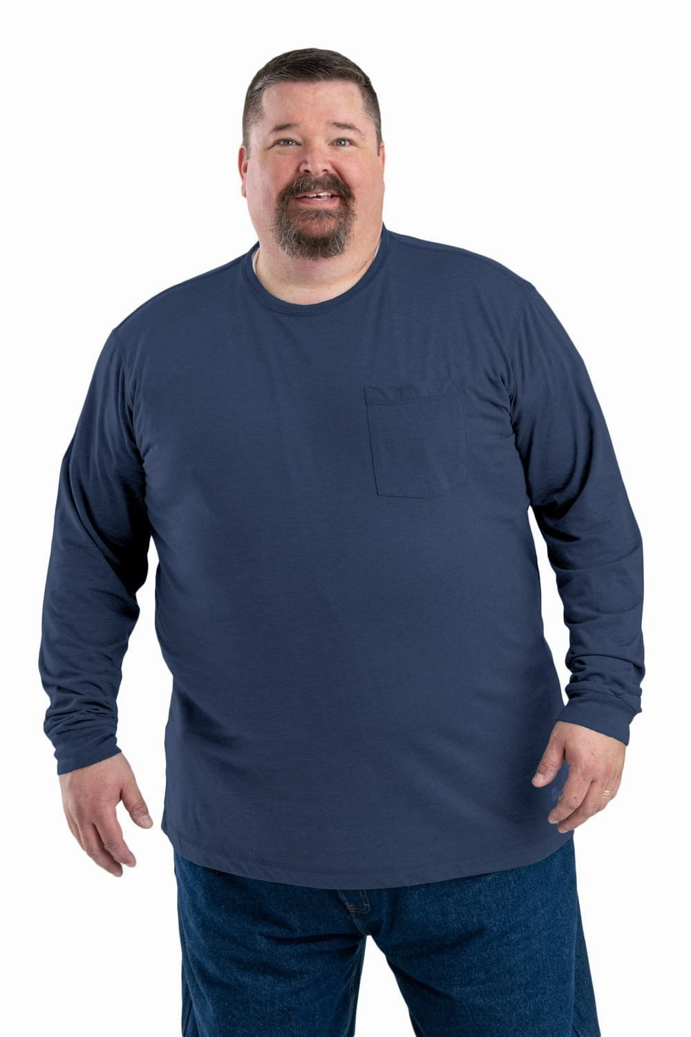 Berne Mens Navy Cotton Blend Performance Pocket Tee L/S Soft Material No Slip Shoulder Grips