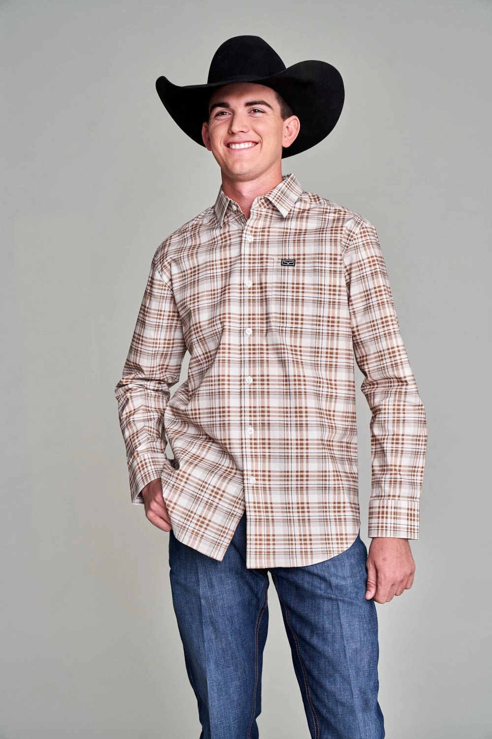 Kimes Ranch Mens Manzano Plaid Dress Sand Cotton Blend L/S Shirt Non Chafe Seams All-Ages Fit