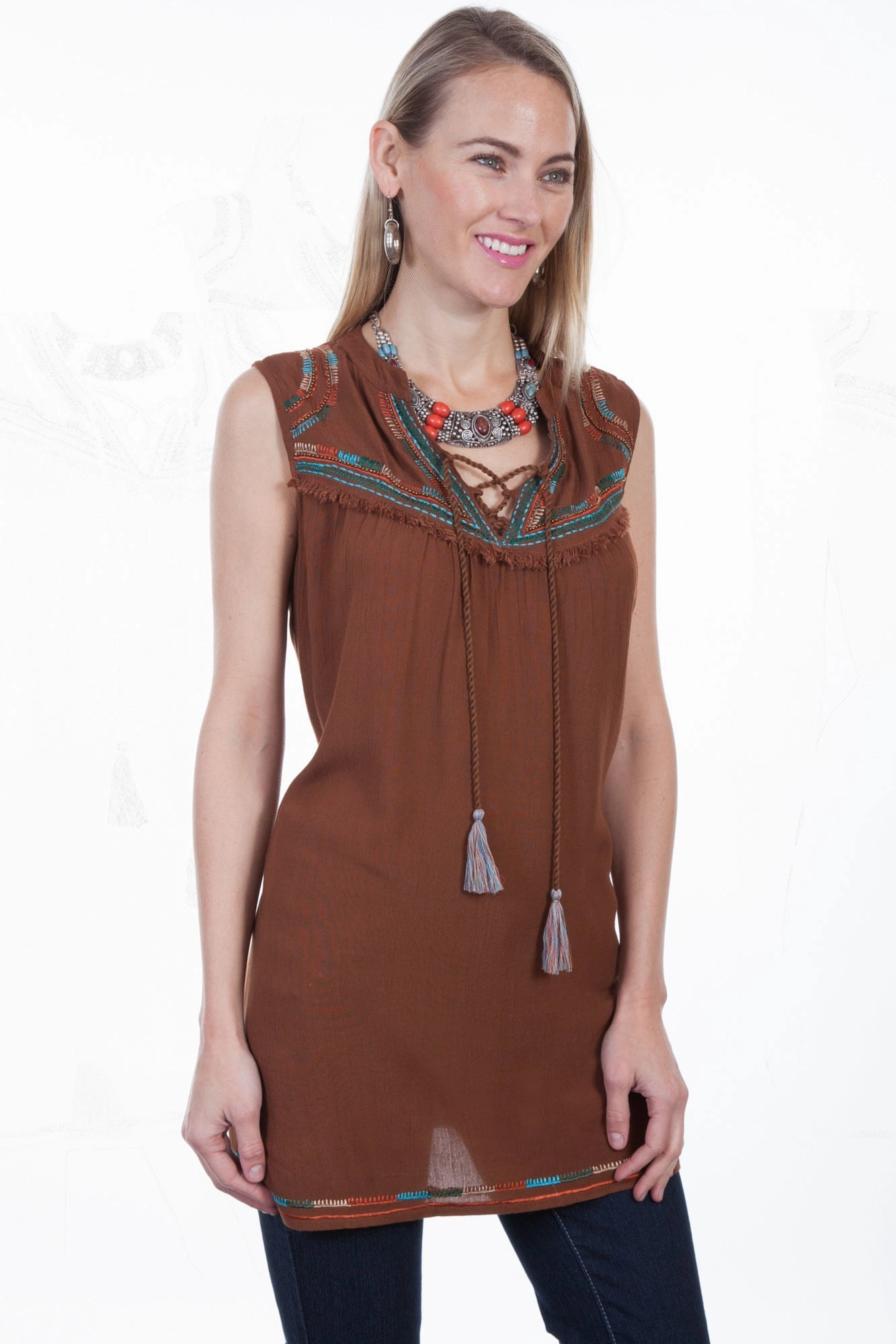 Non Static Finish Scully Womens Cinnamon Viscose Embroidered S/L Tunic