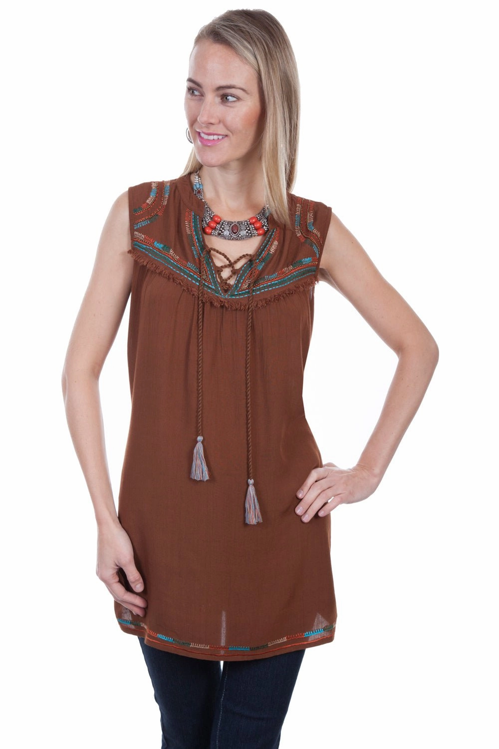 High-Quality Material Scully Womens Cinnamon Viscose Embroidered S/L Tunic