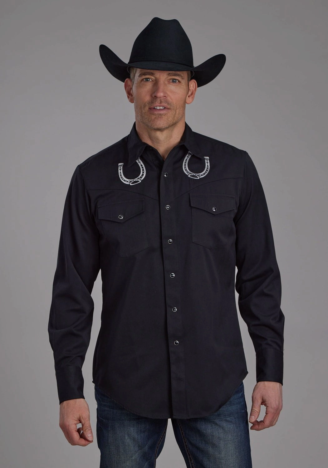 Layered Collar Layered Sleeve Cuffs Roper Mens Horseshoes Western Black Poly/Rayon L/S Shirt