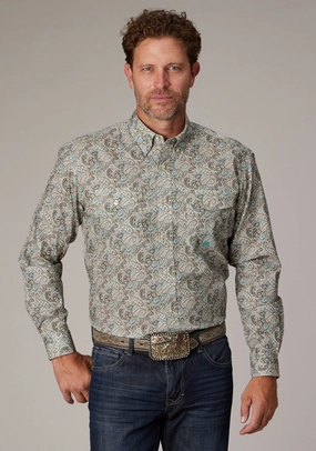 Road Trip Ready Cooling Core Technology Roper Mens Sand Dune Paisley Brown 100% Cotton Button L/S Shirt