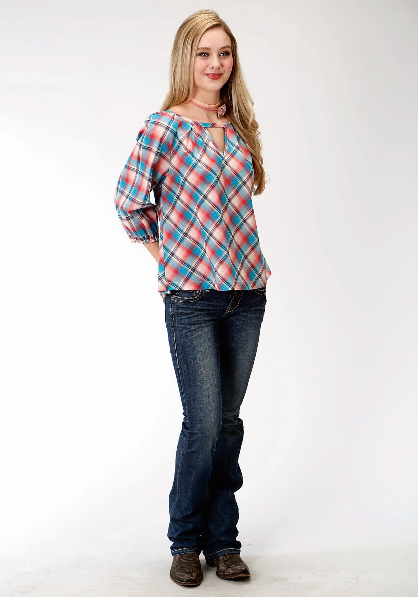 Roper Plaid Womens Red 100% Cotton Desert Sunrise S/S Blouse Stretchy Cloth