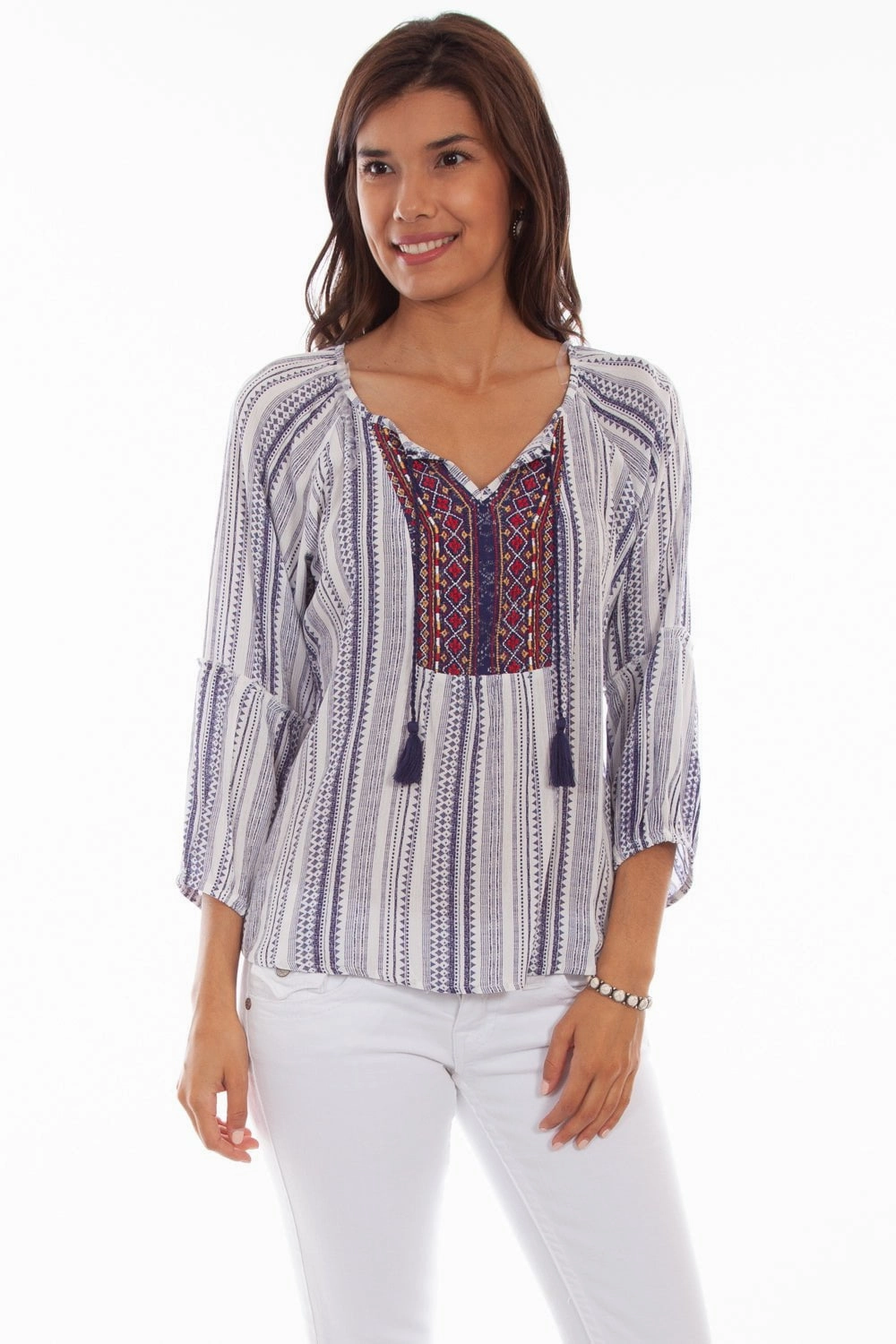 Scully Womens Navy Rayon Geo Peasant S/S Tunic natural fiber