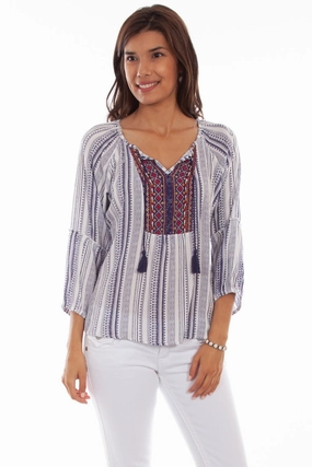 slim cut Beach Attire Scully Womens Navy Rayon Geo Peasant S/S Tunic