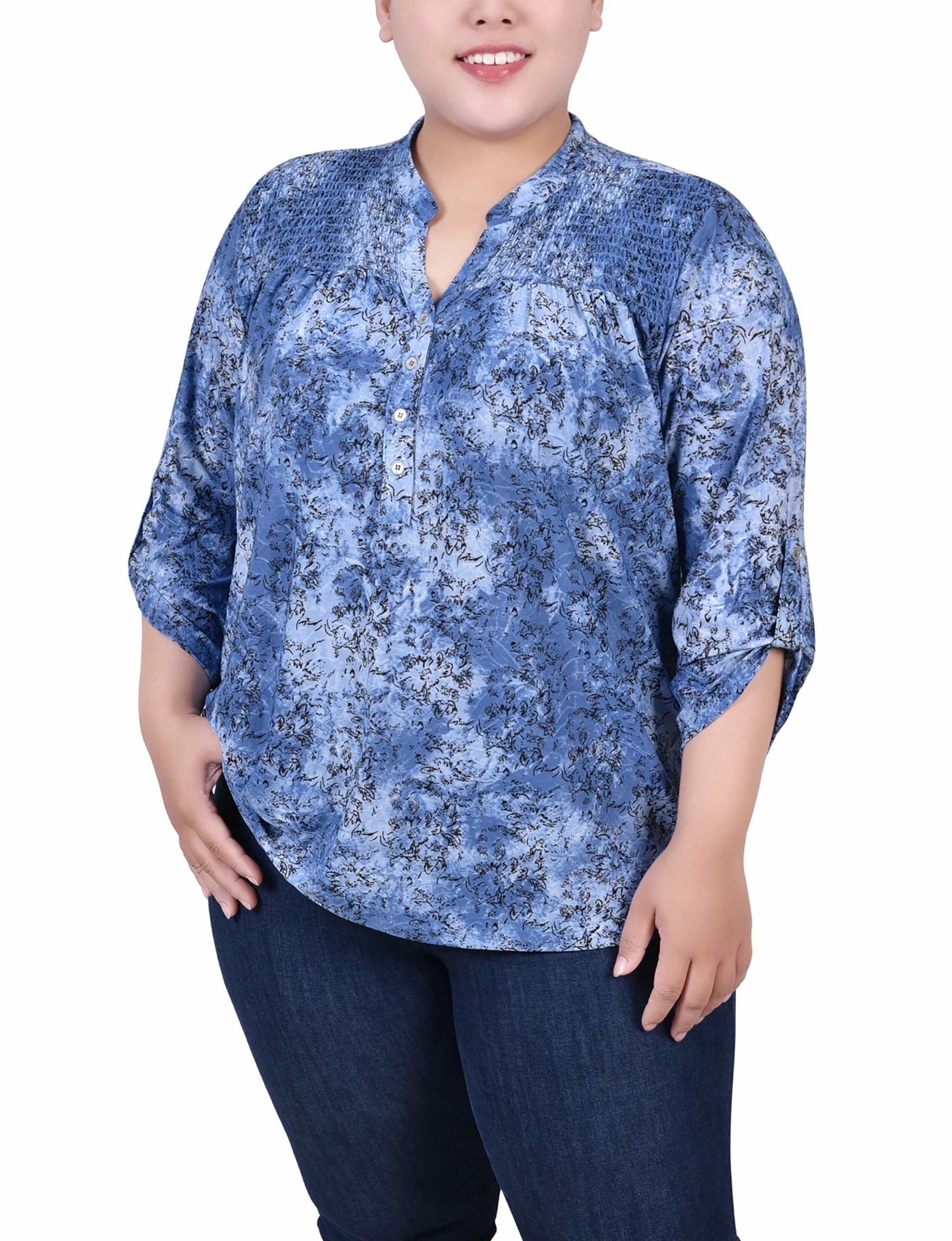 Plus Size 3/4 Roll Tab Sleeve Smocked-Yoke Top Simple Shape Comfortable fit for outings