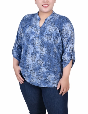 Plus Size 3/4 Roll Tab Sleeve Smocked-Yoke Top Simple Shape Comfortable fit for outings