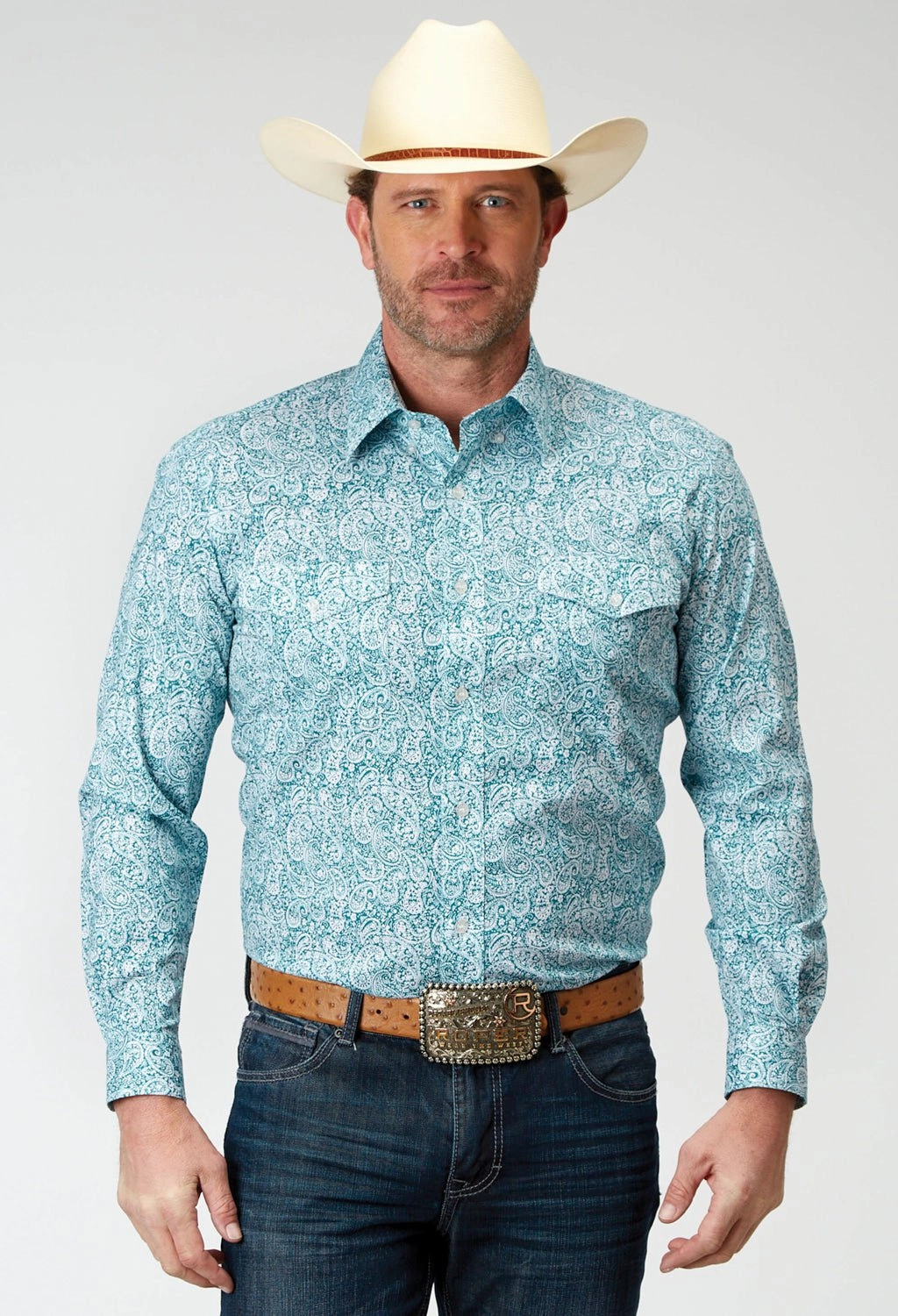 Casual Comfort Seamless Shoulder Construction Roper Mens Poplin Paisley Green Cotton Blend L/S Shirt