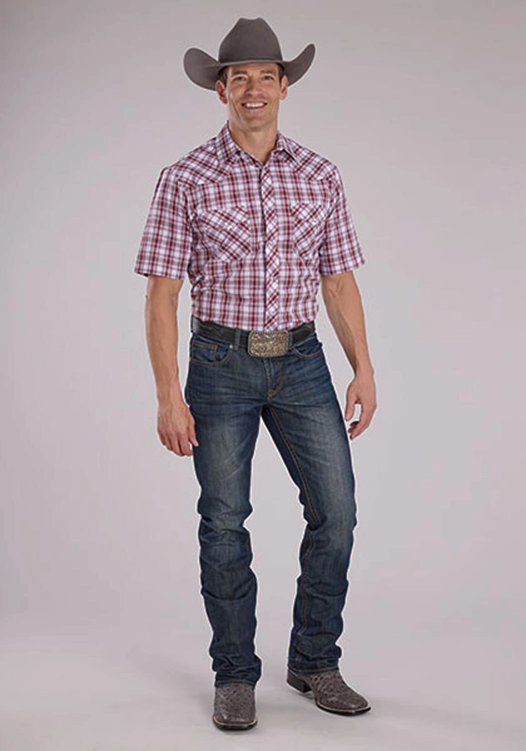 Roper Mens 2485 Western Plaid Red/White Cotton Blend S/S Shirt Denim Blend Recycled Polyester Blend