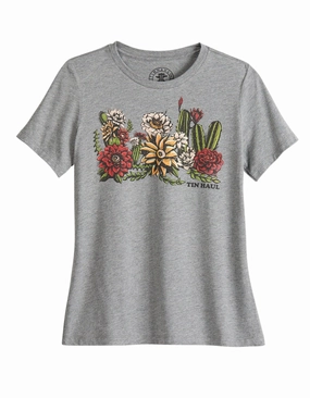 Beach Wear Mesh Insert Tin Haul Womens Cactus Garden Grey Cotton Blend S/S T-Shirt