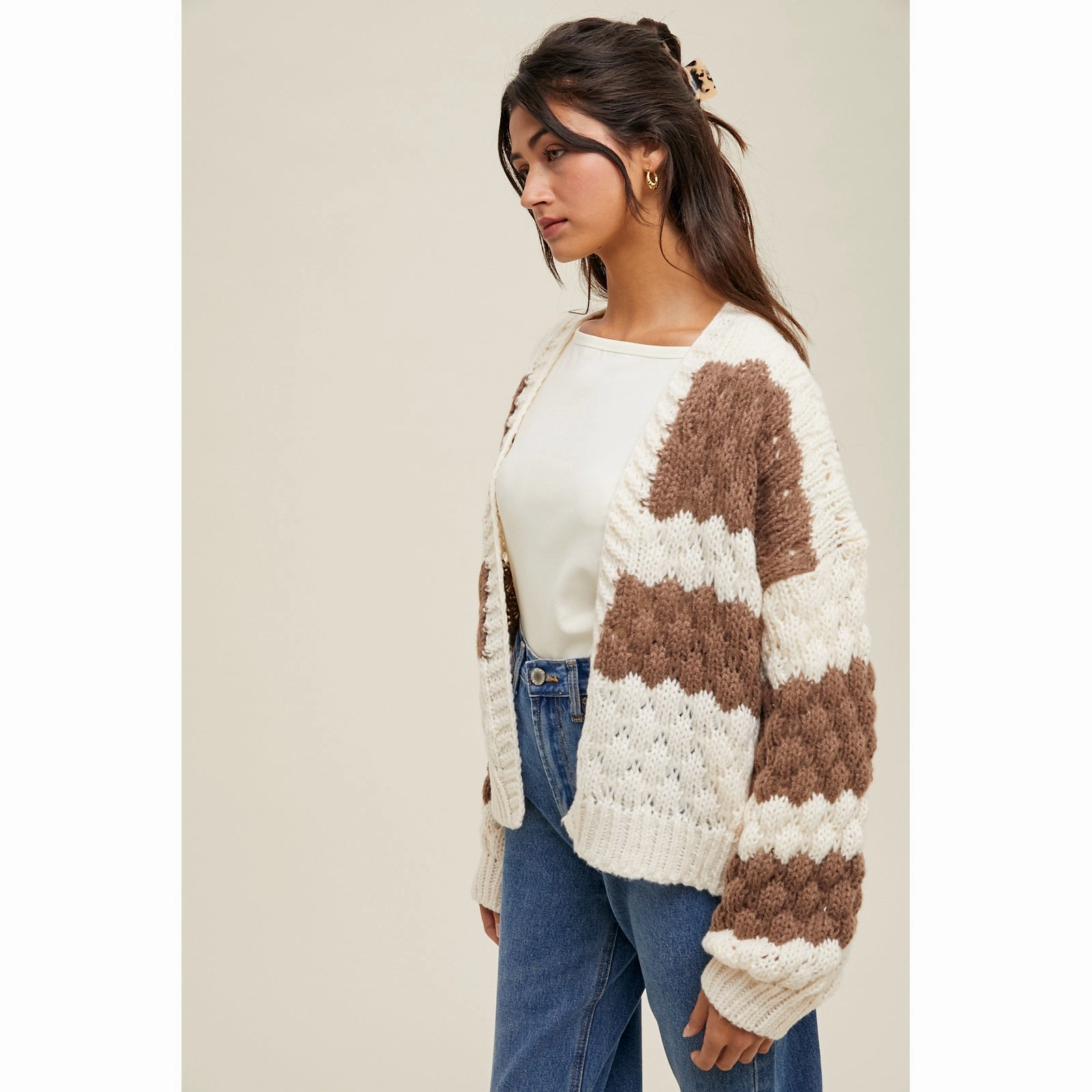 Textured Striped Cardigan Snug Layers Flexible Waistband