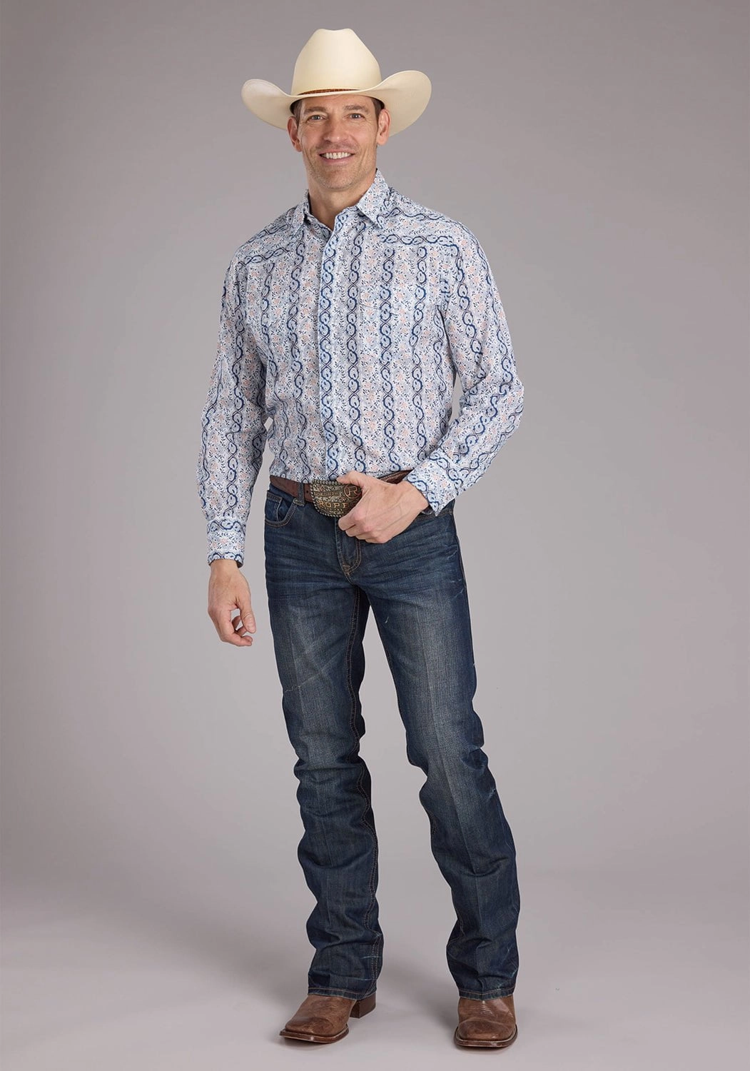 Roper Mens 2429 Paisley Trellis Blue Cotton Blend L/S Shirt Ventilated Back Panel Youthful Appeal